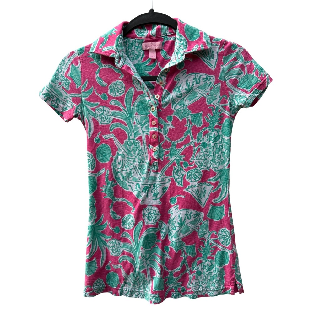 Lilly Pulitzer Trophy Polo Tropical Pineapple Slub Cotton Shirt Women XS - Picture 1 of 7